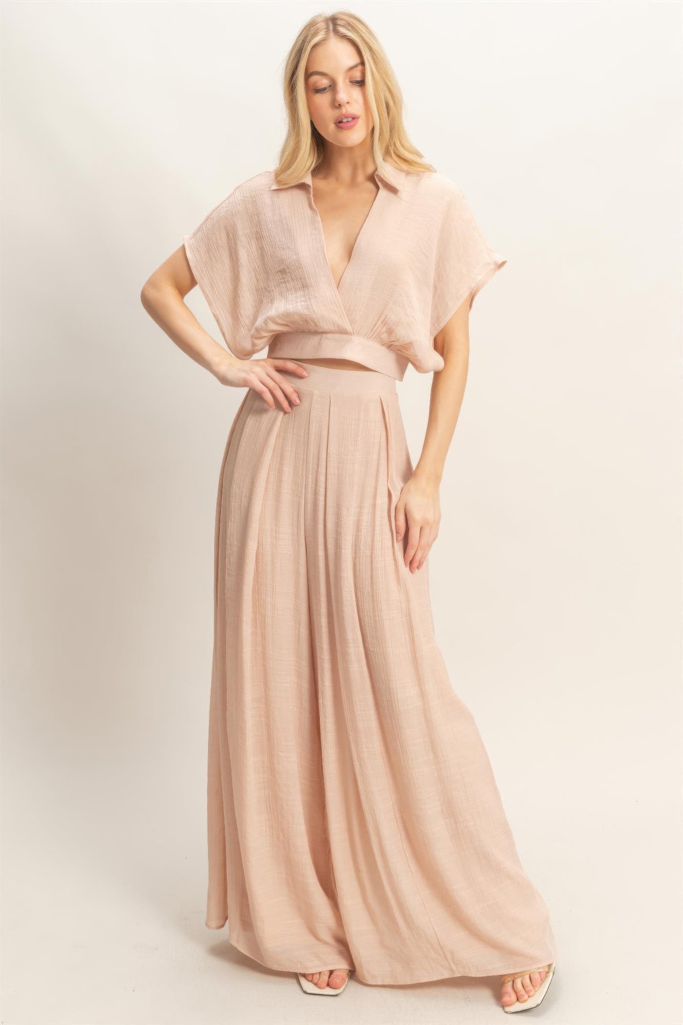 Collared Wrap Top & Wide-Leg Pants Set – Sets, minimalist style, quiet luxury aesthetic, modern essential – The Simple Co.