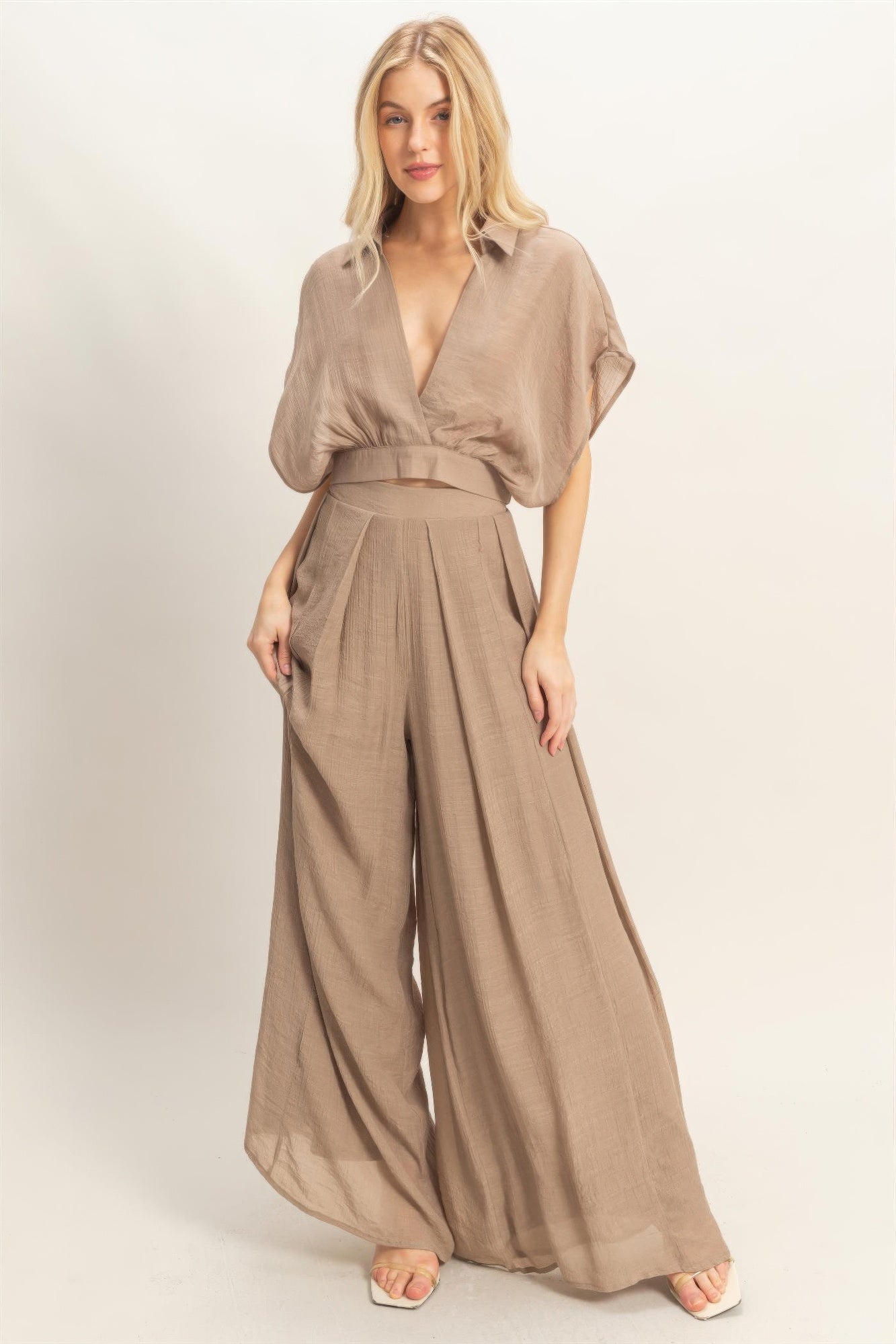 Collared Wrap Top & Wide-Leg Pants Set – Sets, minimalist style, quiet luxury aesthetic, modern essential – The Simple Co.