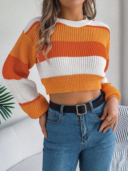 Color Block Lantern Sleeve Crop Sweater - 2026 Winter Collection Casual Top – Minimal Elegance | The Simple Co – Practical cottage, minimalist style, quiet luxury aesthetic, modern essential – The Simple Co.