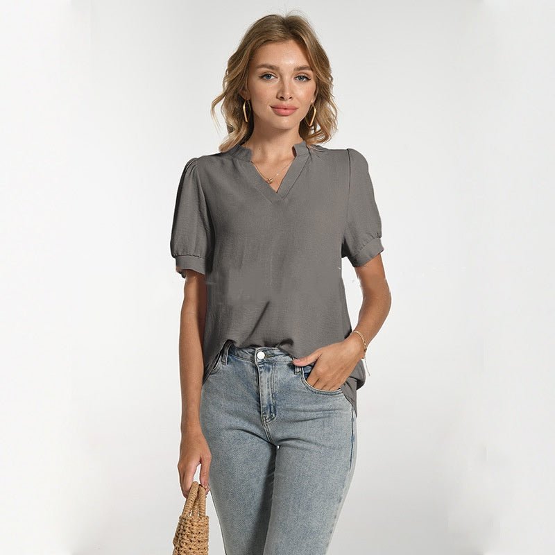Comfortable Breathable V - neck Puff Sleeve Elegant Short Sleeve T-shirt – Versatile Spring/Summer | The Simple Co. – Apparel & Accessories > Clothing > Shirt, minimalist style, quiet luxury aesthetic, modern essential – The Simple Co.