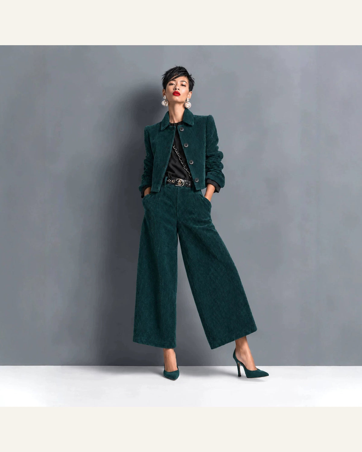 Corduroy Cropped Jacket & Wide-Leg Pant Set