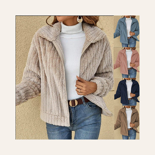 Cropped Lapel Jacket in apricot, front view on a model