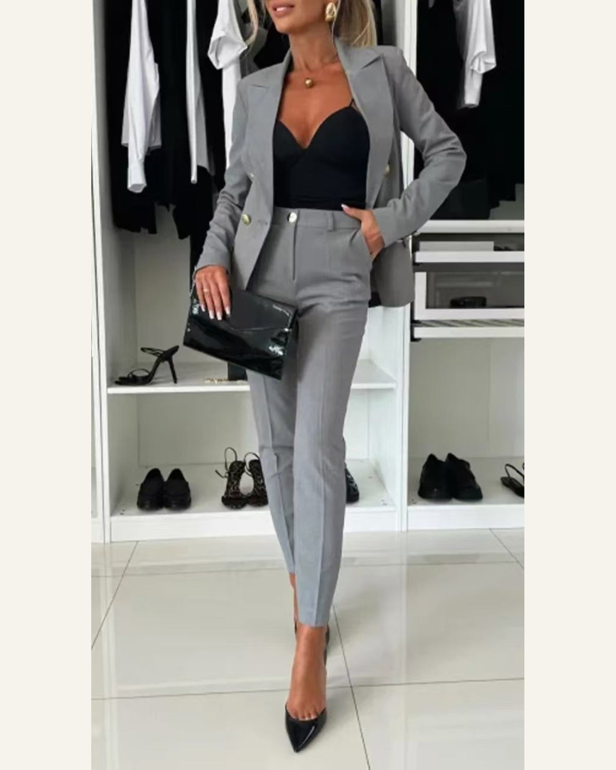 Tailored Two-Piece Blazer & Trouser Set — Gray