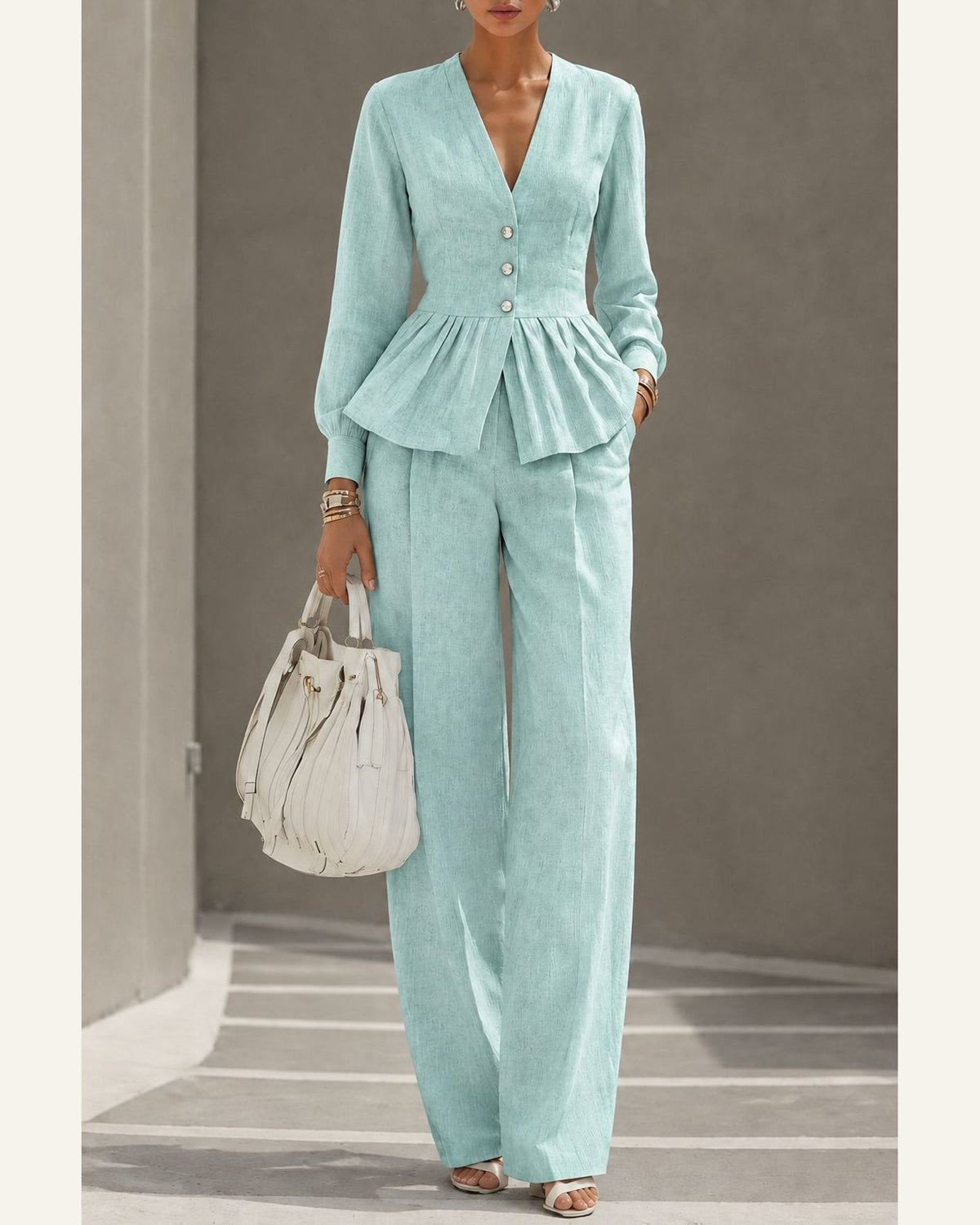 V-Neck Long-Sleeve Top & Wide-Leg Pant Set — product detail