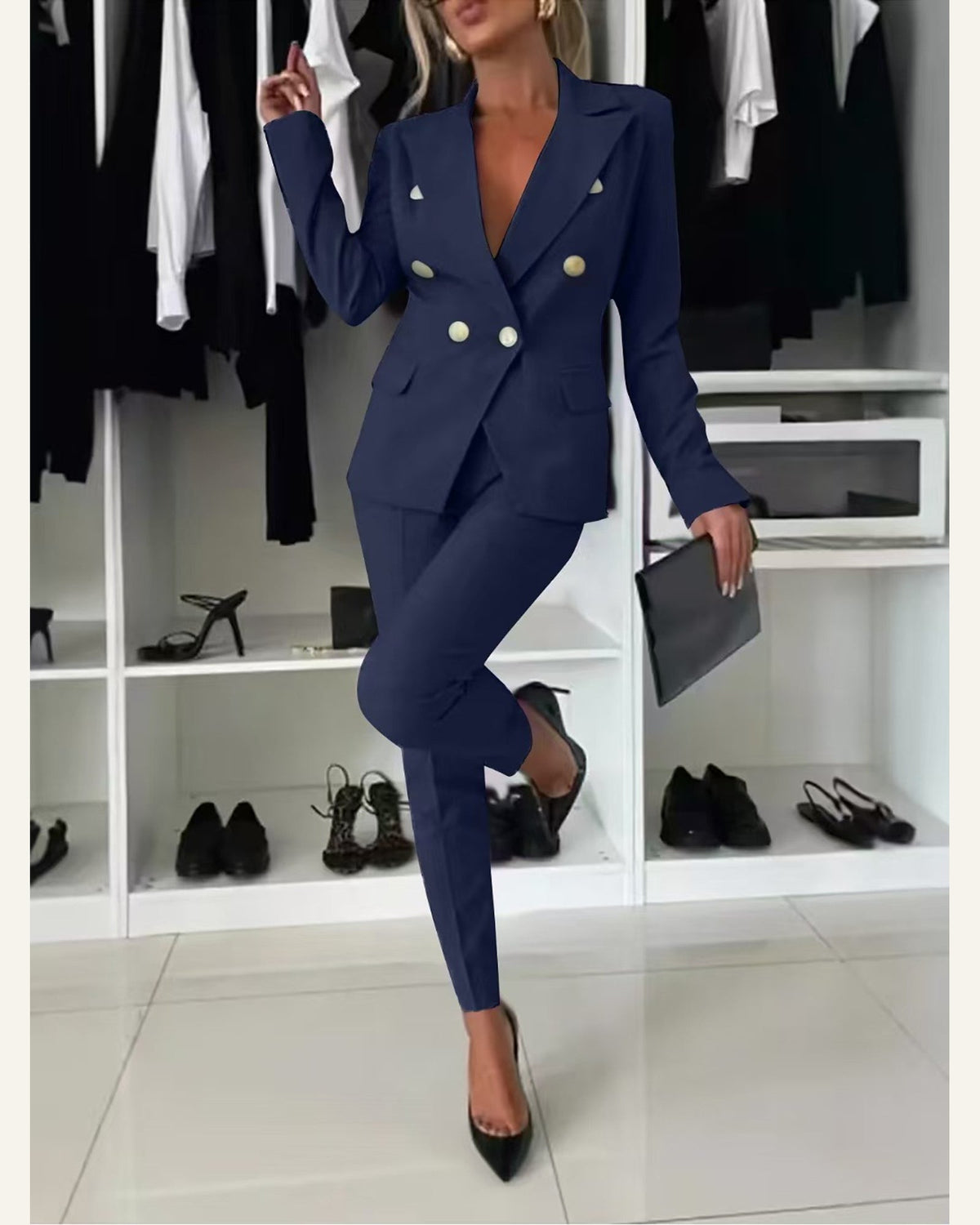 Tailored Two-Piece Blazer & Trouser Set — Navy Blue