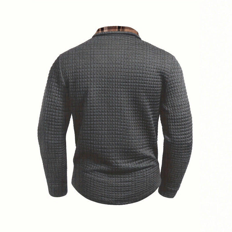 Men's Casual Patchwork Pocket Long Sleeve Polo Shirt - Grid Pattern