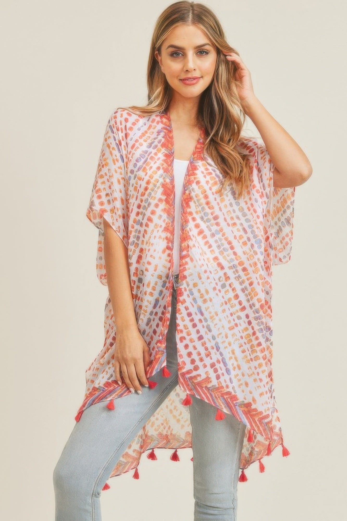 Dash-Print Tassel Kimono Layer – Light Layers, minimalist style, quiet luxury aesthetic, modern essential – The Simple Co.