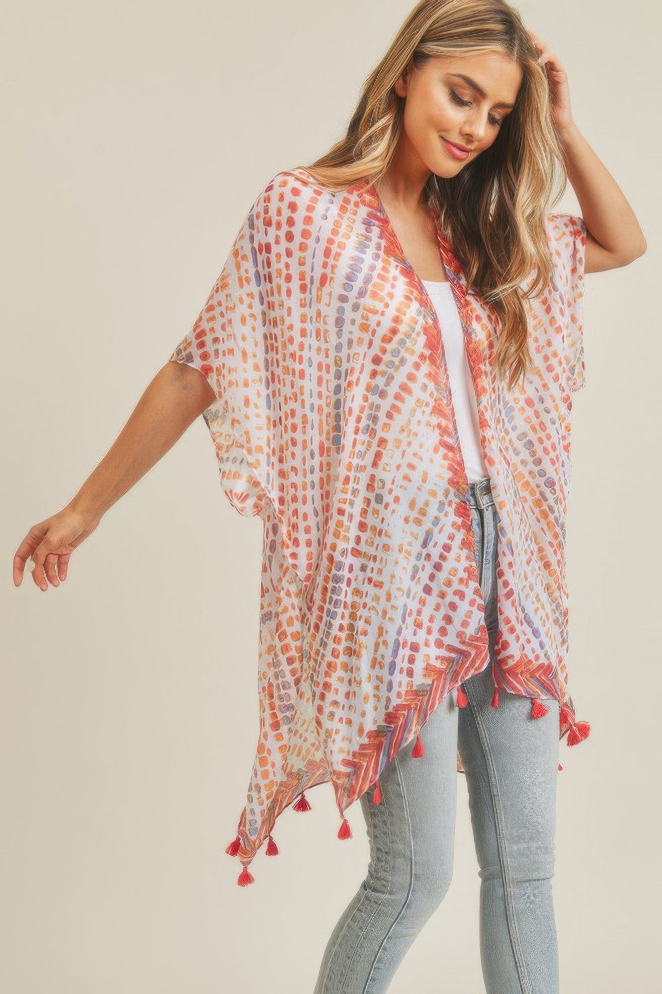Dash-Print Tassel Kimono Layer – Light Layers, minimalist style, quiet luxury aesthetic, modern essential – The Simple Co.