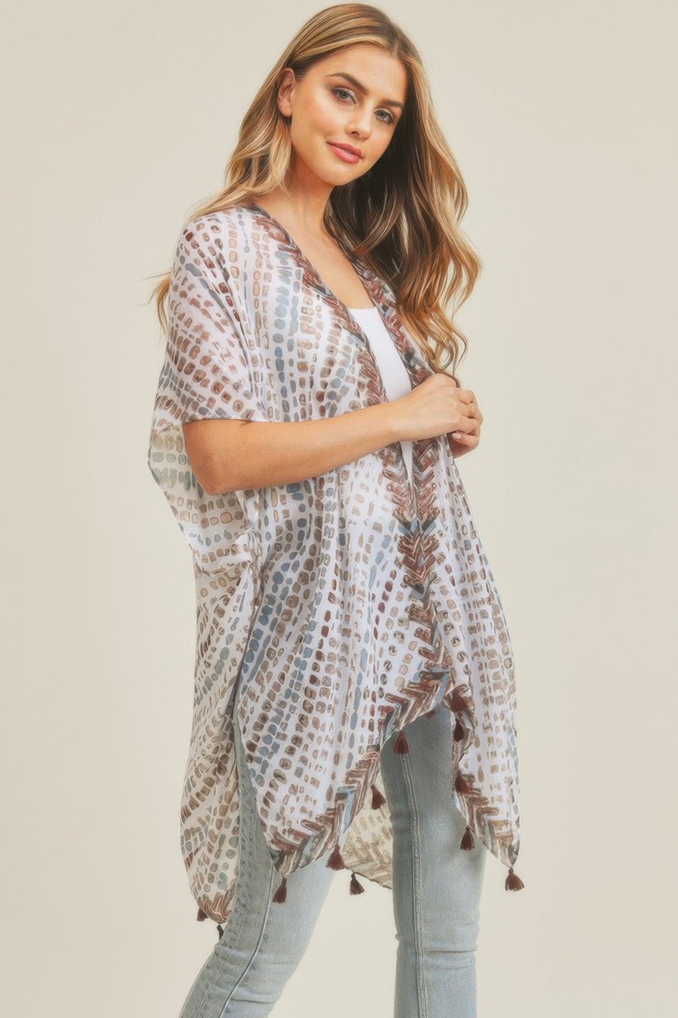 Dash-Print Tassel Kimono Layer – Light Layers, minimalist style, quiet luxury aesthetic, modern essential – The Simple Co.