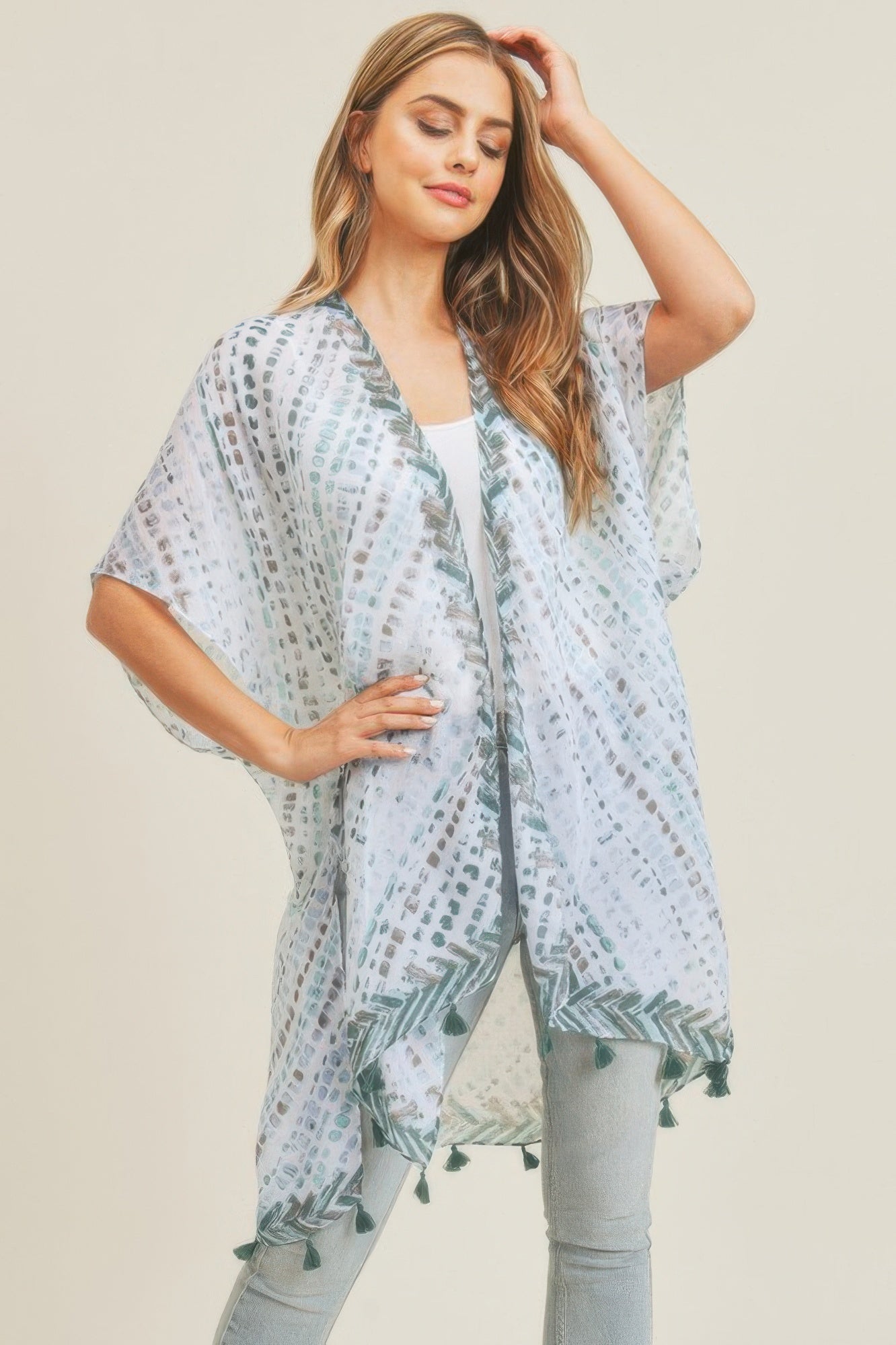 Dash-Print Tassel Kimono Layer – Light Layers, minimalist style, quiet luxury aesthetic, modern essential – The Simple Co.