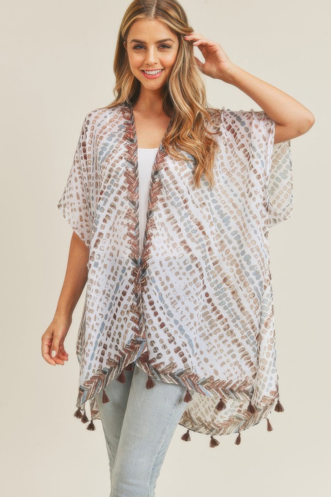 Dash-Print Tassel Kimono Layer – Light Layers, minimalist style, quiet luxury aesthetic, modern essential – The Simple Co.