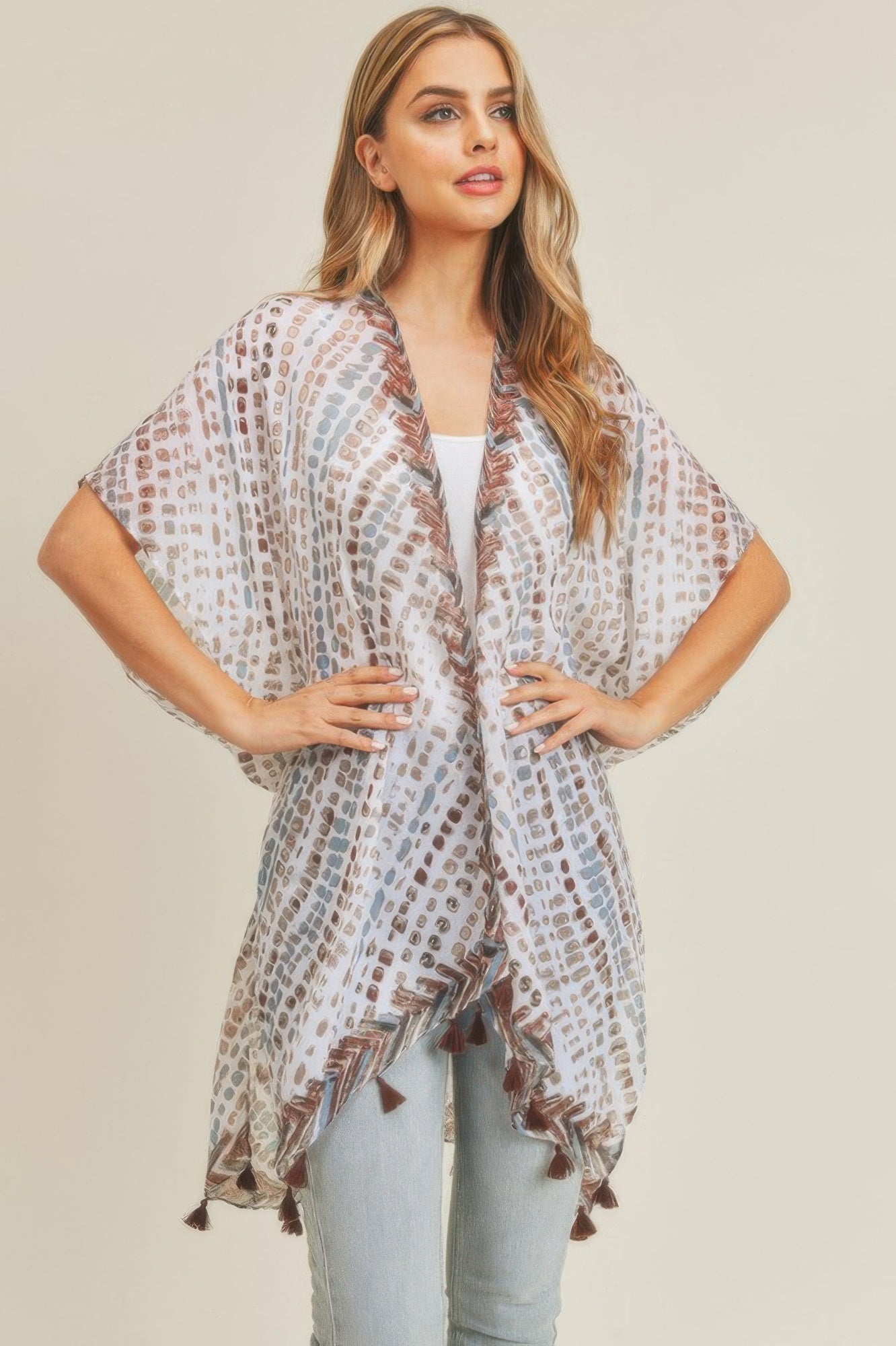 Dash-Print Tassel Kimono Layer – Light Layers, minimalist style, quiet luxury aesthetic, modern essential – The Simple Co.