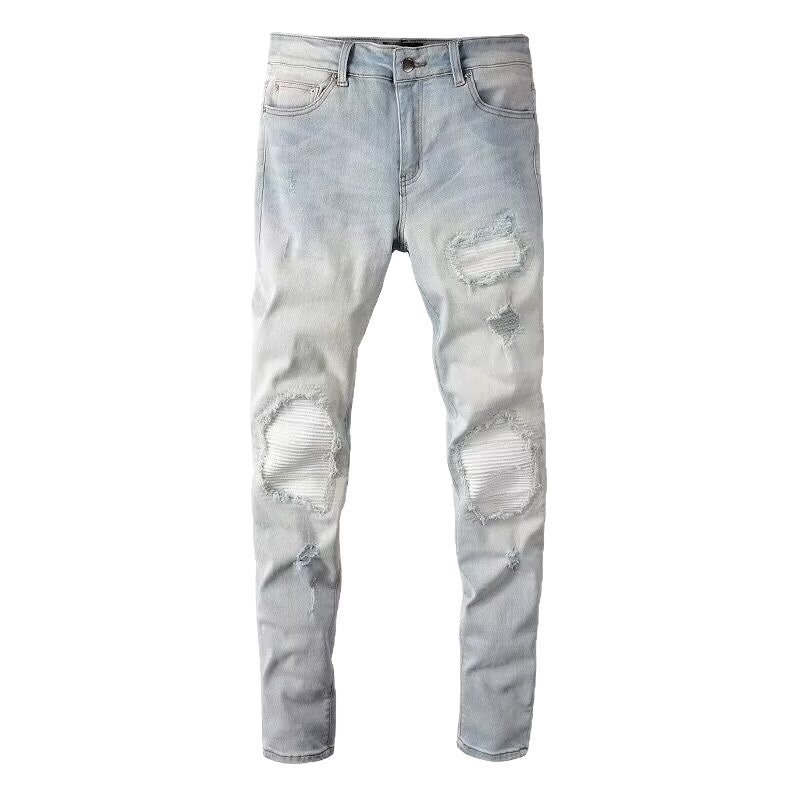 Distressed Patch Denim Jeans - Men's Slim Fit Korean Style – Minimal Elegance | The Simple Co – Men’s Bottoms, minimalist style, quiet luxury aesthetic, modern essential – The Simple Co.