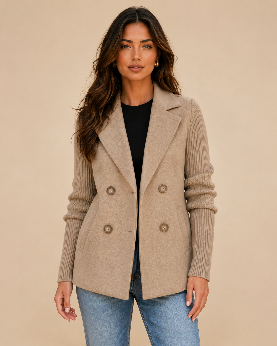 Woman wearing a double-breasted jacket with knit sleeves on a warm beige studio background