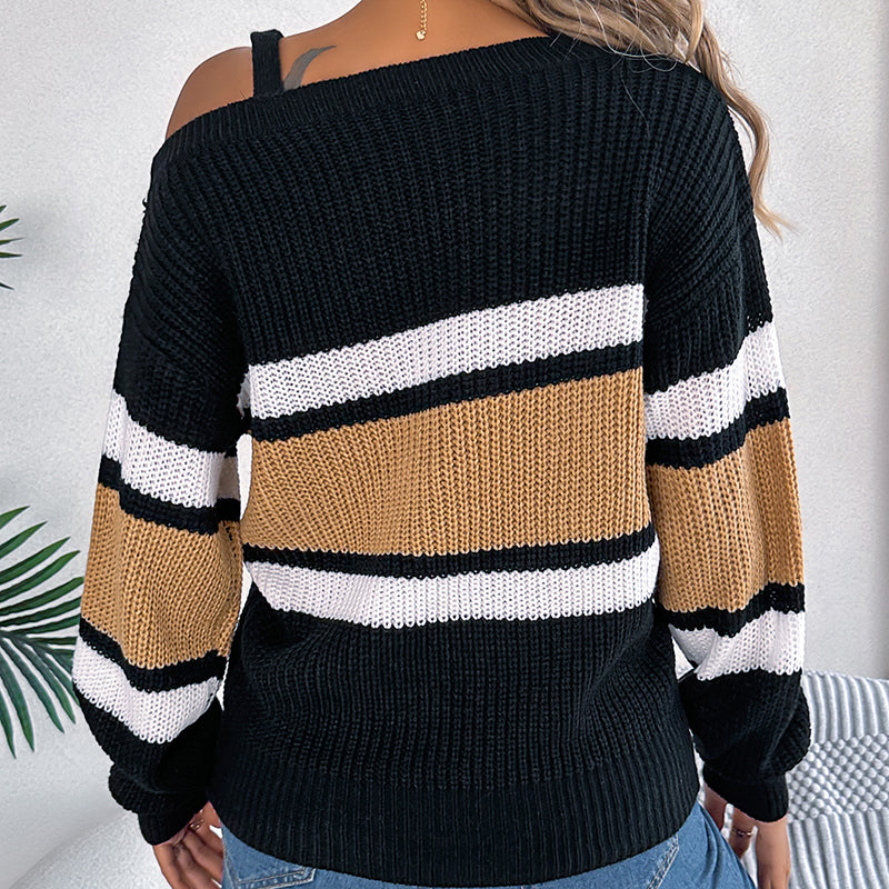 Women's Cold Shoulder Color Block Sweater - 2026 Winter Collection Long Sleeve Pullover