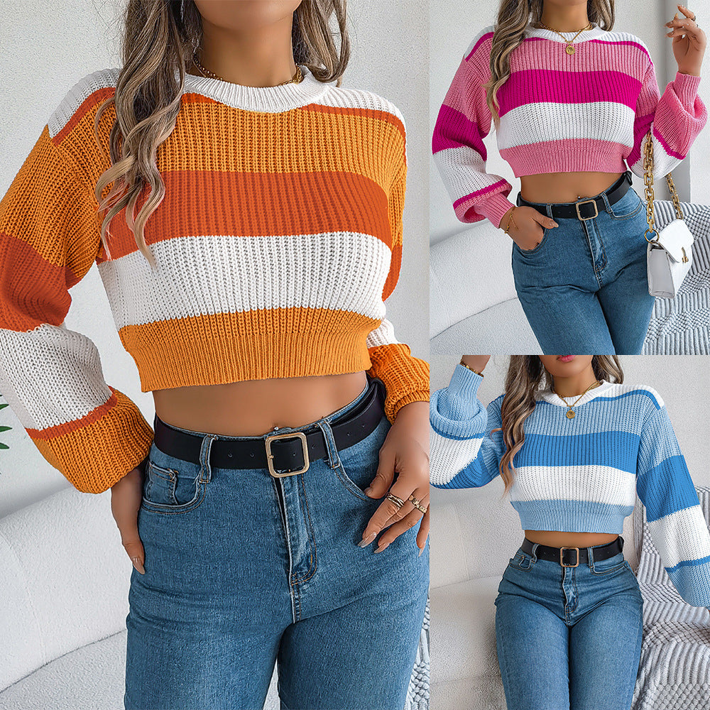 Women's Color Block Lantern Sleeve Crop Sweater - 2026 Winter Collection Casual Top