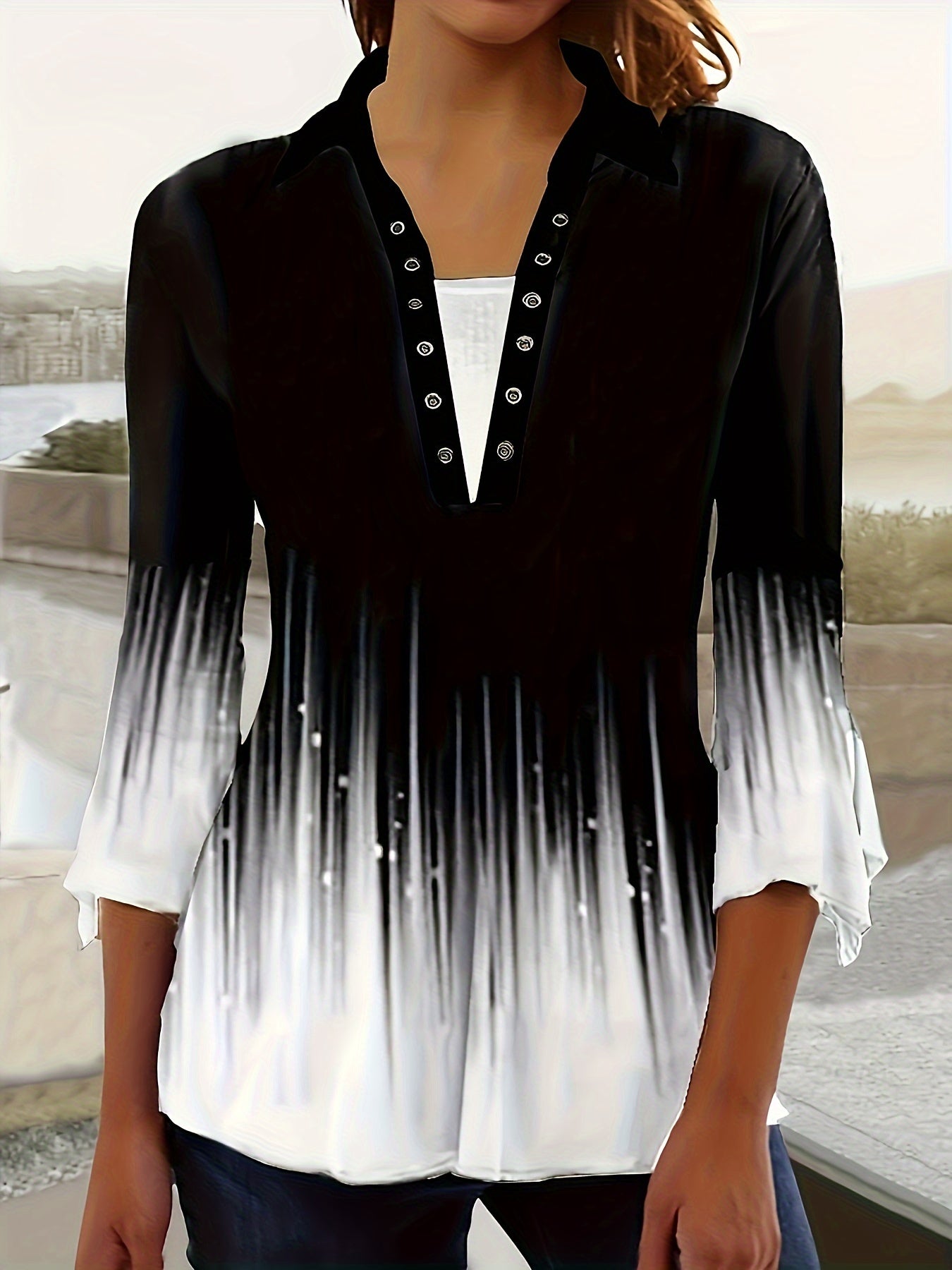 Printed Lapel Three-Quarter Sleeve Top - Irregular Cuff Button Detail