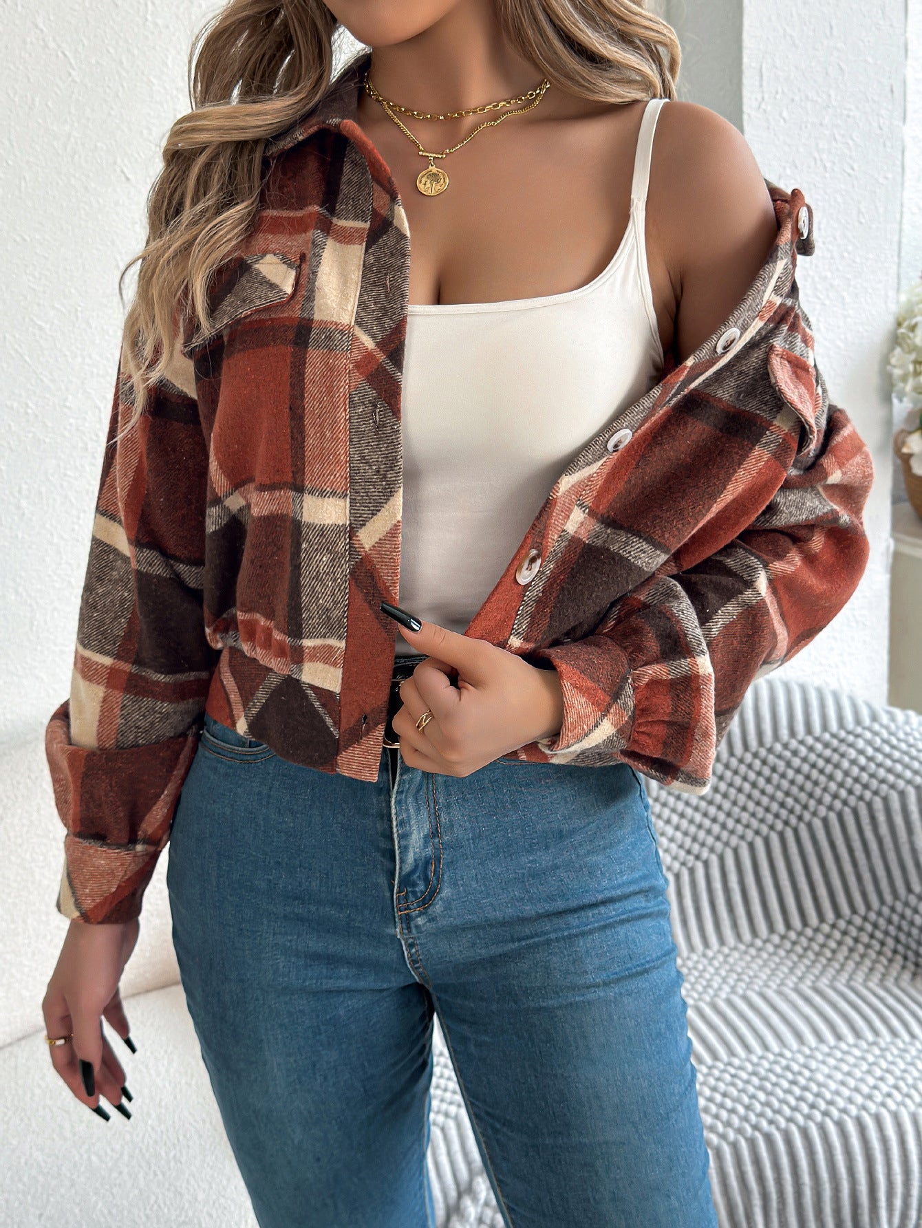 Women's Minimal Plaid Woolen Jacket