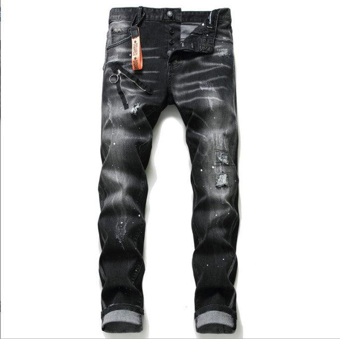 Black & Gray Distressed Denim Jeans - Men's Edgy Street Style