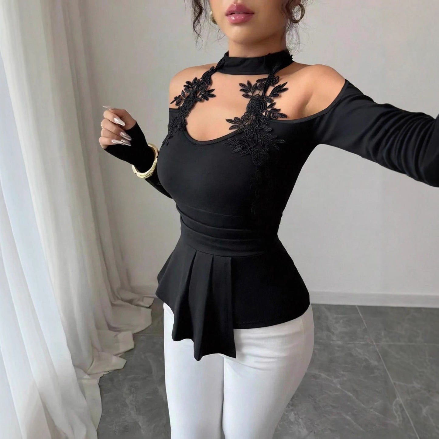 Elegant Hollow Out Off - Shoulder Knit Top - Pleated Curved Hem – Minimal Elegance | The Simple Co – Practical cottage, minimalist style, quiet luxury aesthetic, modern essential – The Simple Co.