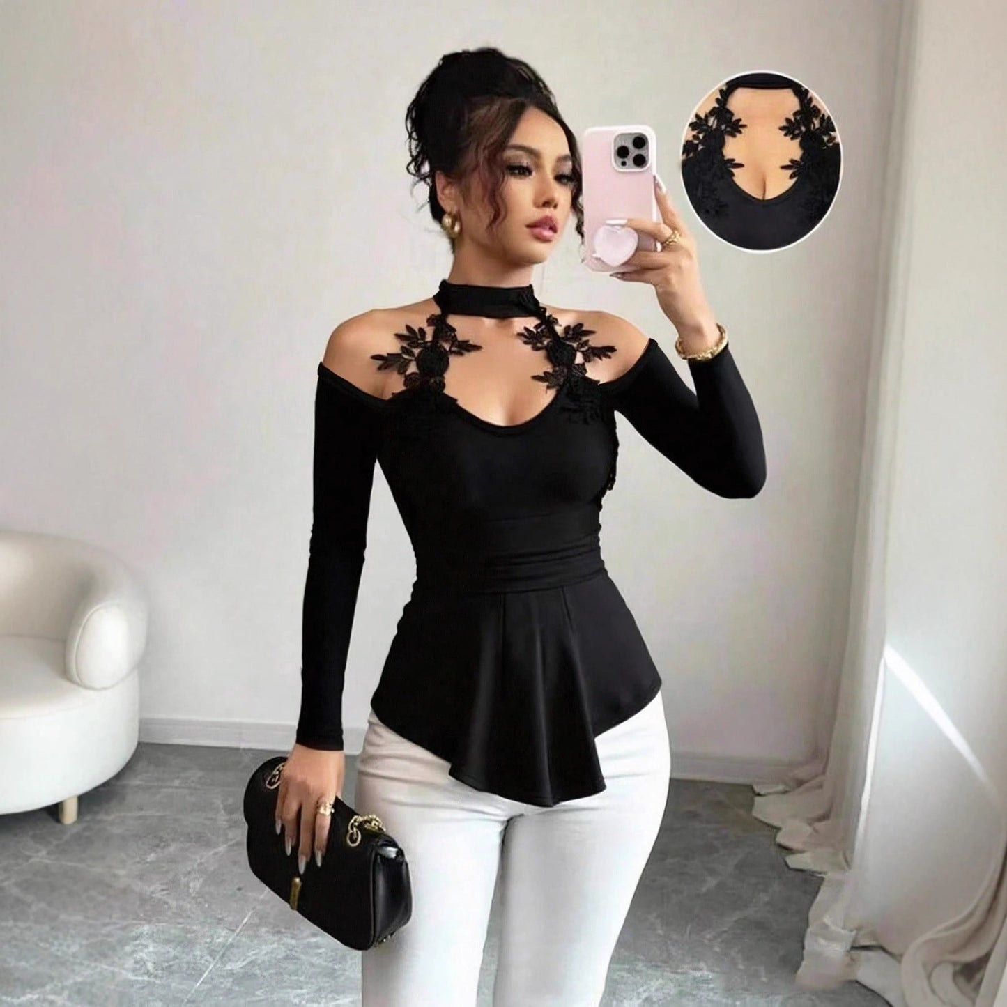 Elegant Hollow Out Off - Shoulder Knit Top - Pleated Curved Hem – Minimal Elegance | The Simple Co – Practical cottage, minimalist style, quiet luxury aesthetic, modern essential – The Simple Co.