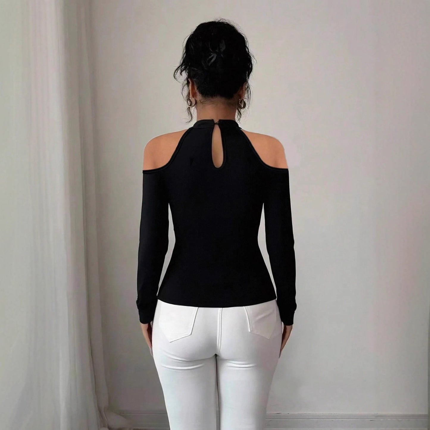 Elegant Hollow Out Off - Shoulder Knit Top - Pleated Curved Hem – Minimal Elegance | The Simple Co – Practical cottage, minimalist style, quiet luxury aesthetic, modern essential – The Simple Co.
