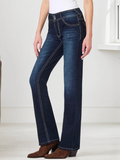 Embroidered Pocket Jeans - 2026 Winter Collection Elastic Button Closure Denim – Minimal Elegance | The Simple Co – Bottoms, minimalist style, quiet luxury aesthetic, modern essential – The Simple Co.