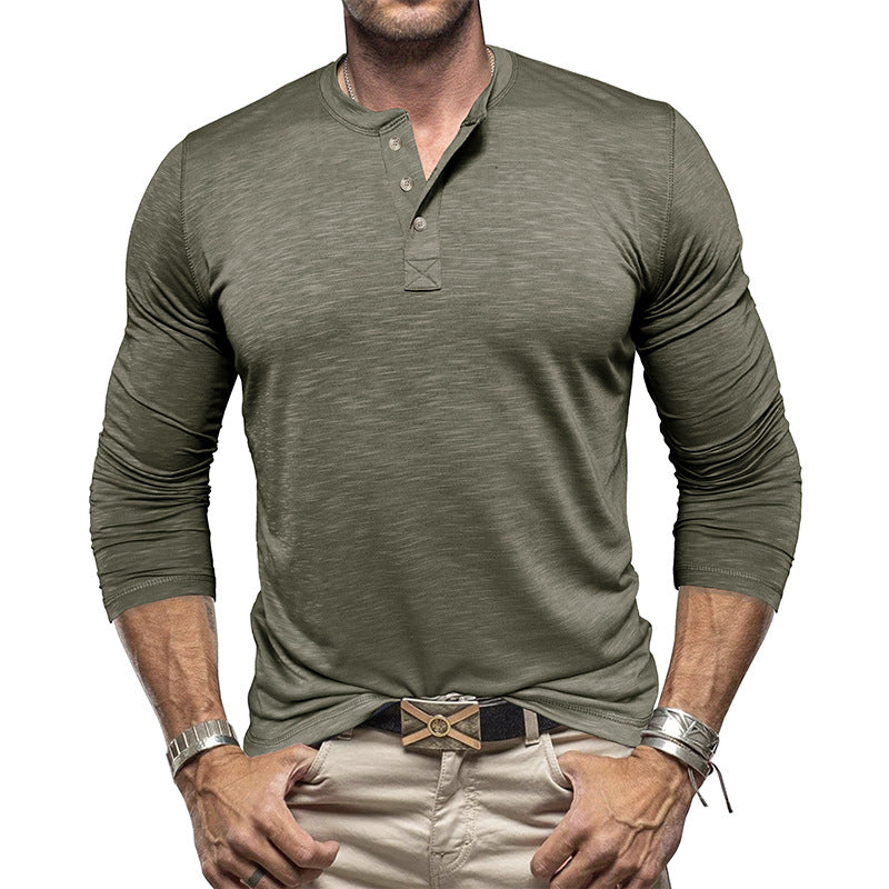Men's Long Sleeve Henry Collar T-Shirt - Slub Cotton Pullover