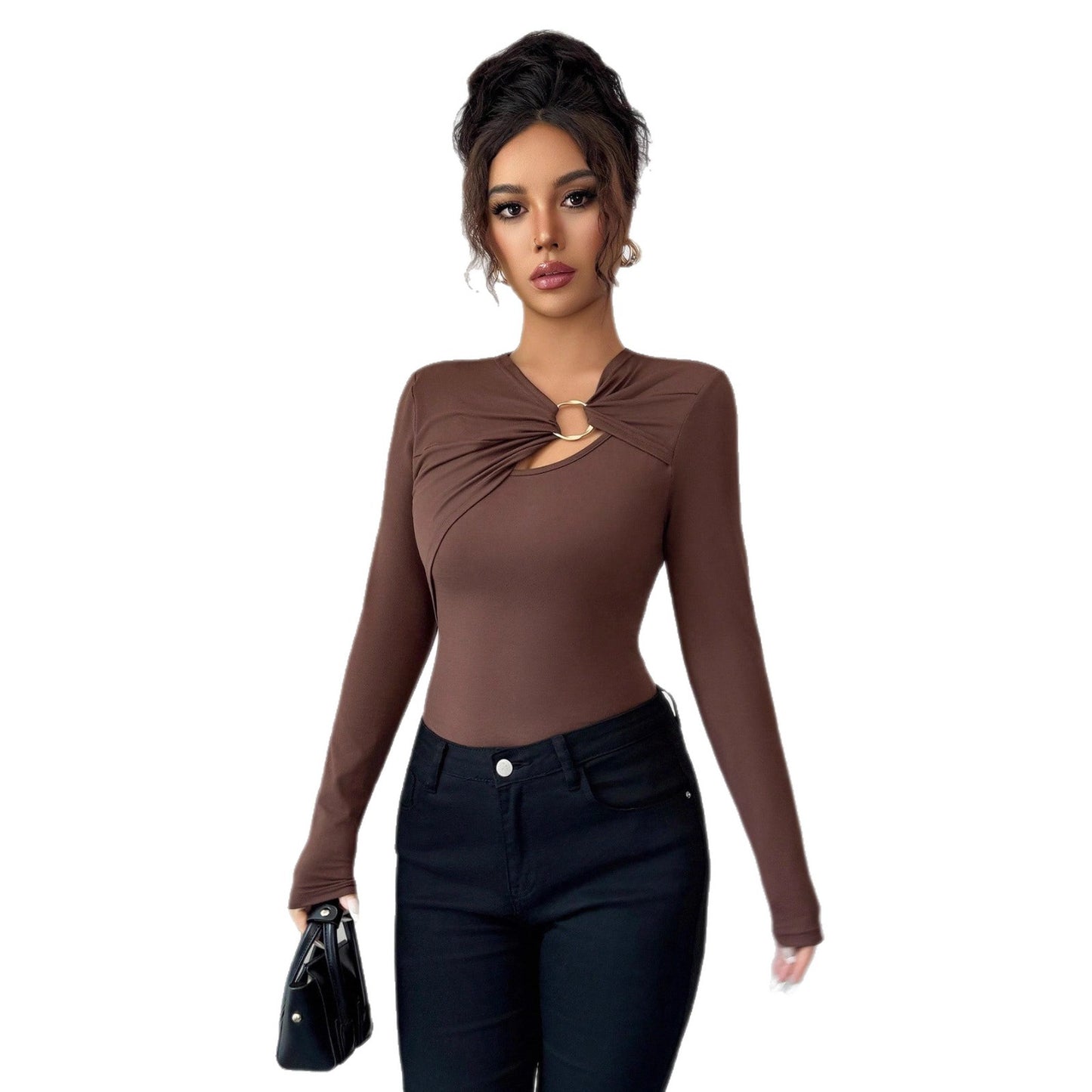 Asymmetric Hollow Metal Trim Slim Top - Elegant Long Sleeve Pullover