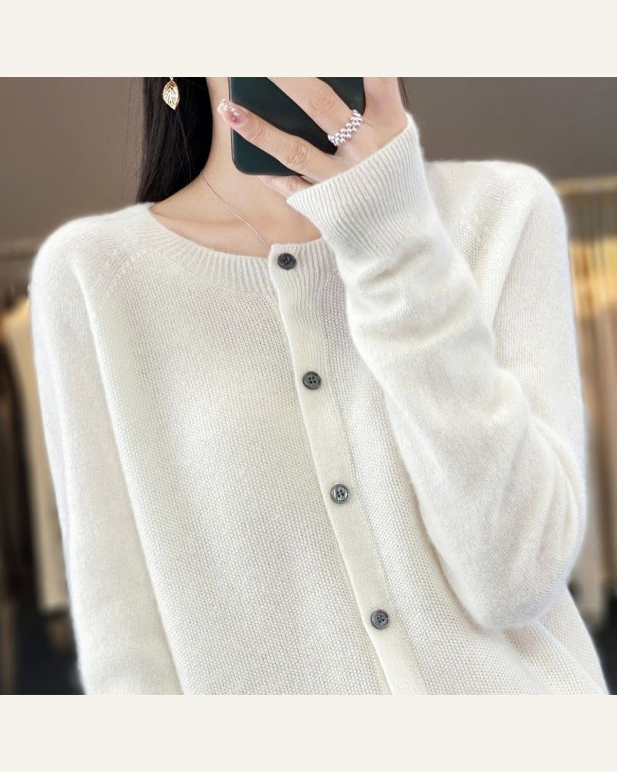 Classic Wool Crew-Neck Cardigan — White