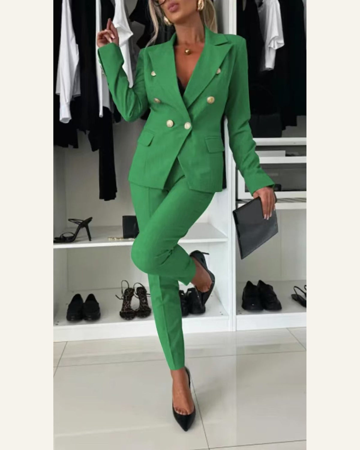 Tailored Two-Piece Blazer & Trouser Set — Green
