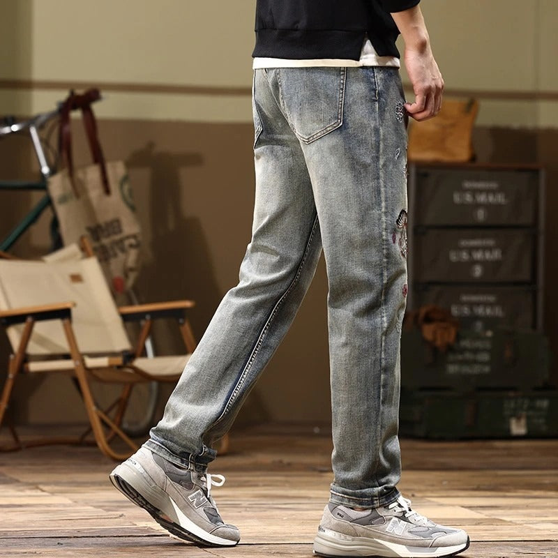 Embroidered Straight-Fit Stretch Denim Jeans for Men
