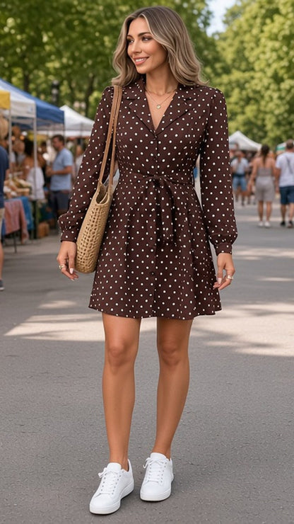 Brown Polka Dot Long Sleeve Shirt Dress with Lace-Up Waist