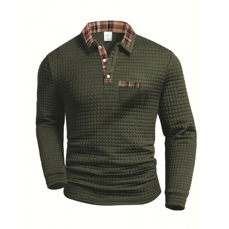 Men's Casual Patchwork Pocket Long Sleeve Polo Shirt - Grid Pattern