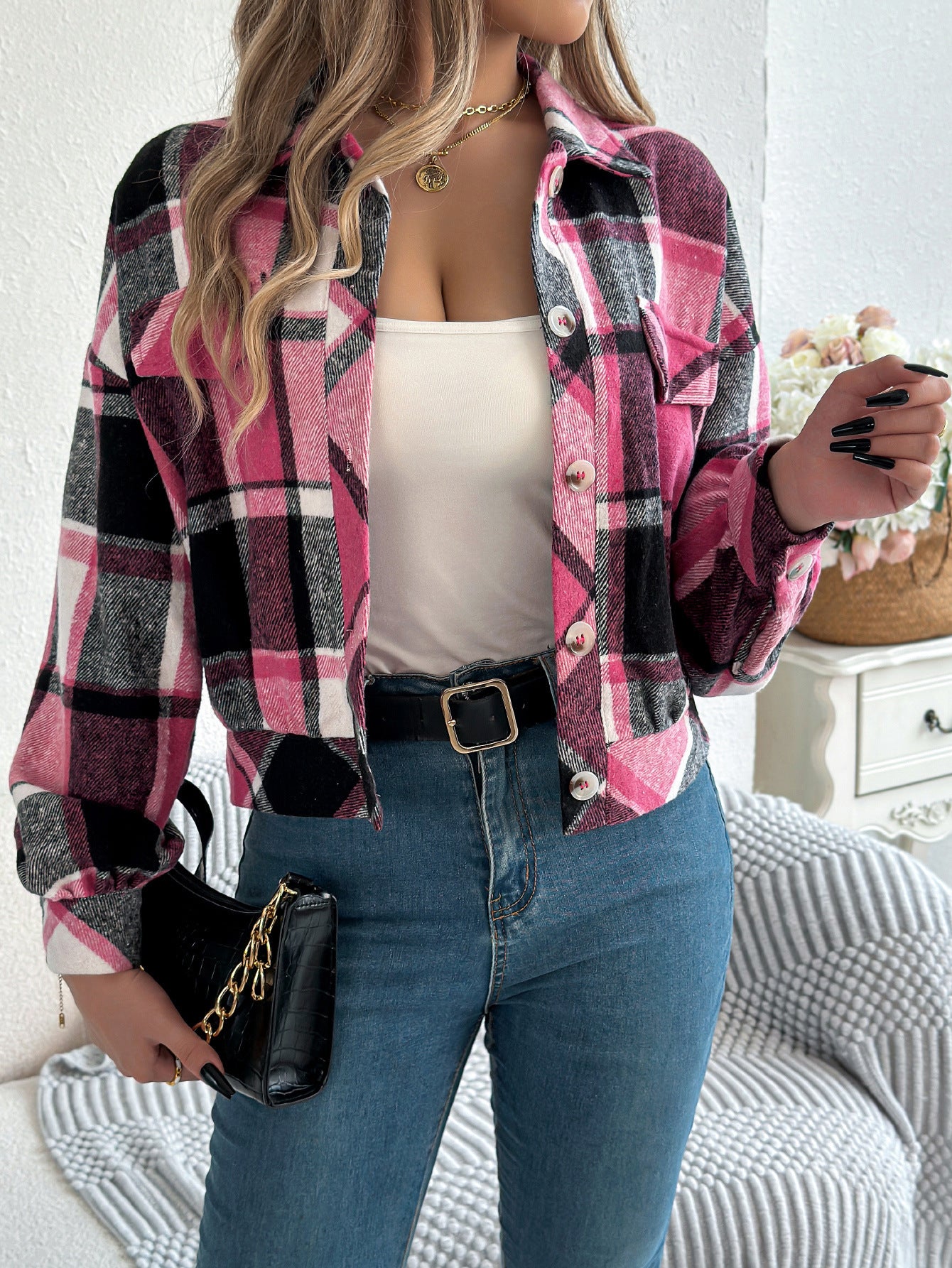 Women's Minimal Plaid Woolen Jacket