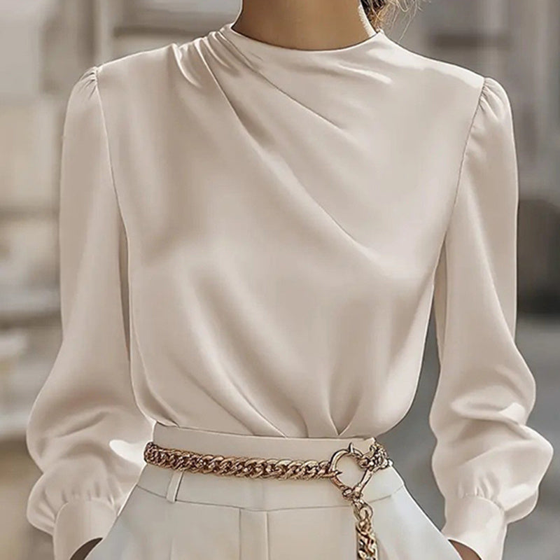 Women's Pleated Long Sleeve Blouse, Round