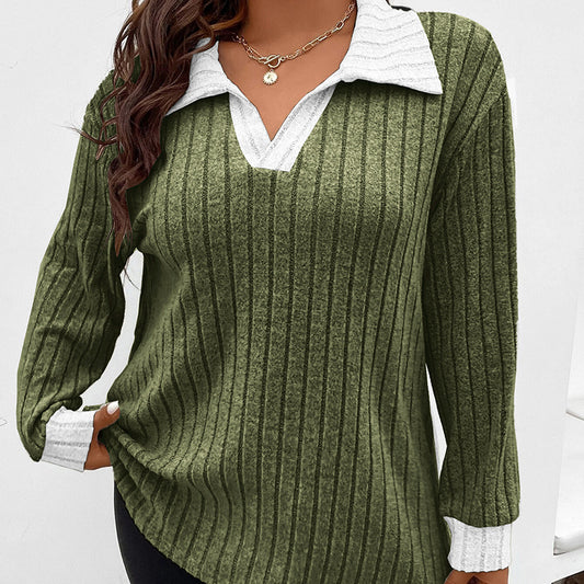 Women's Plus Size V-Neck Lapel Top - 2026 Winter Collection Long Sleeve Casual Blouse