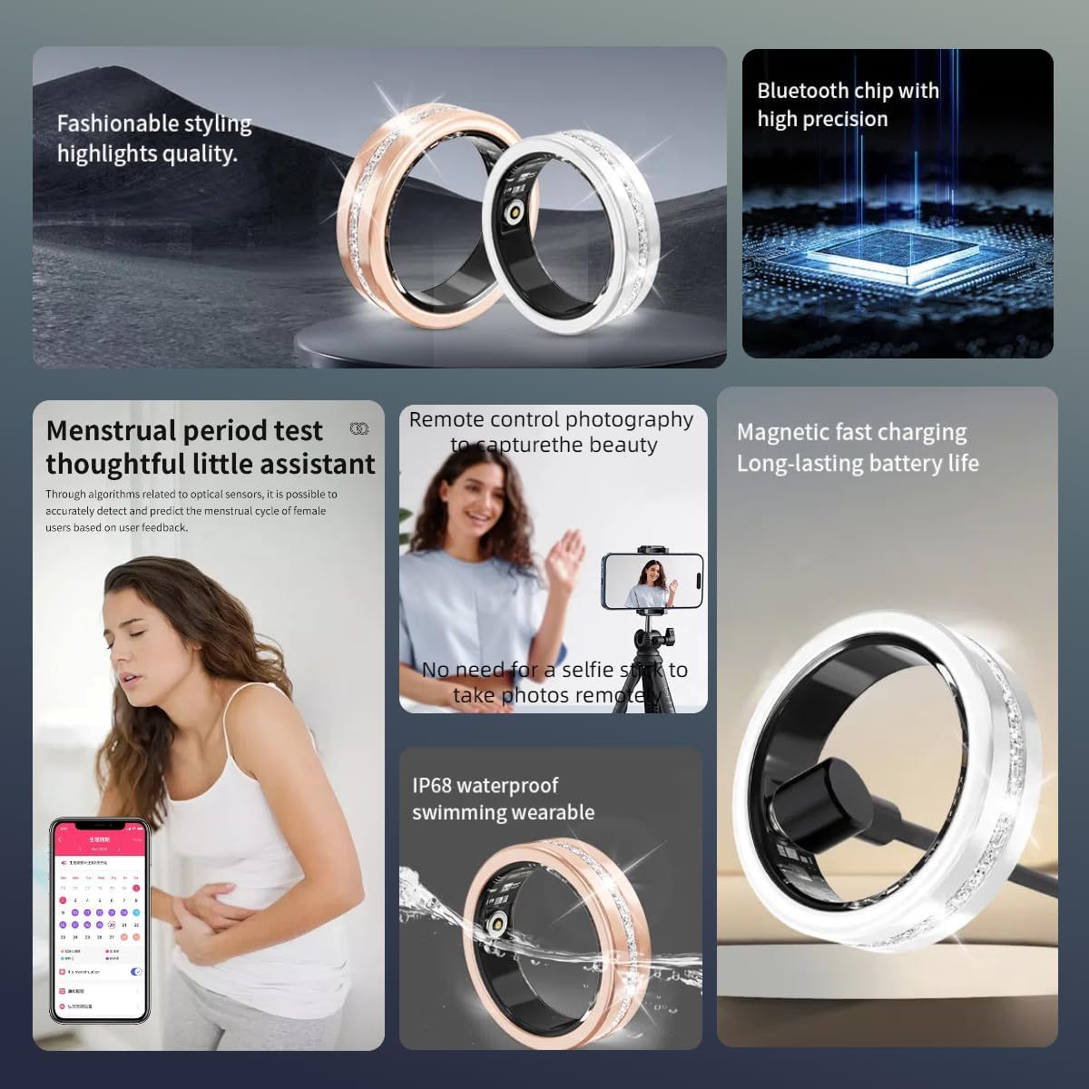 Rose Gold Smart Ring for Women - Health Tracker with Crystals