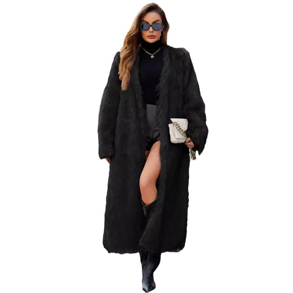 Fashionable V - Neck Long Faux Fur Coat – Minimal Elegance | The Simple Co – Women's Outerwear, minimalist style, quiet luxury aesthetic, modern essential – The Simple Co.