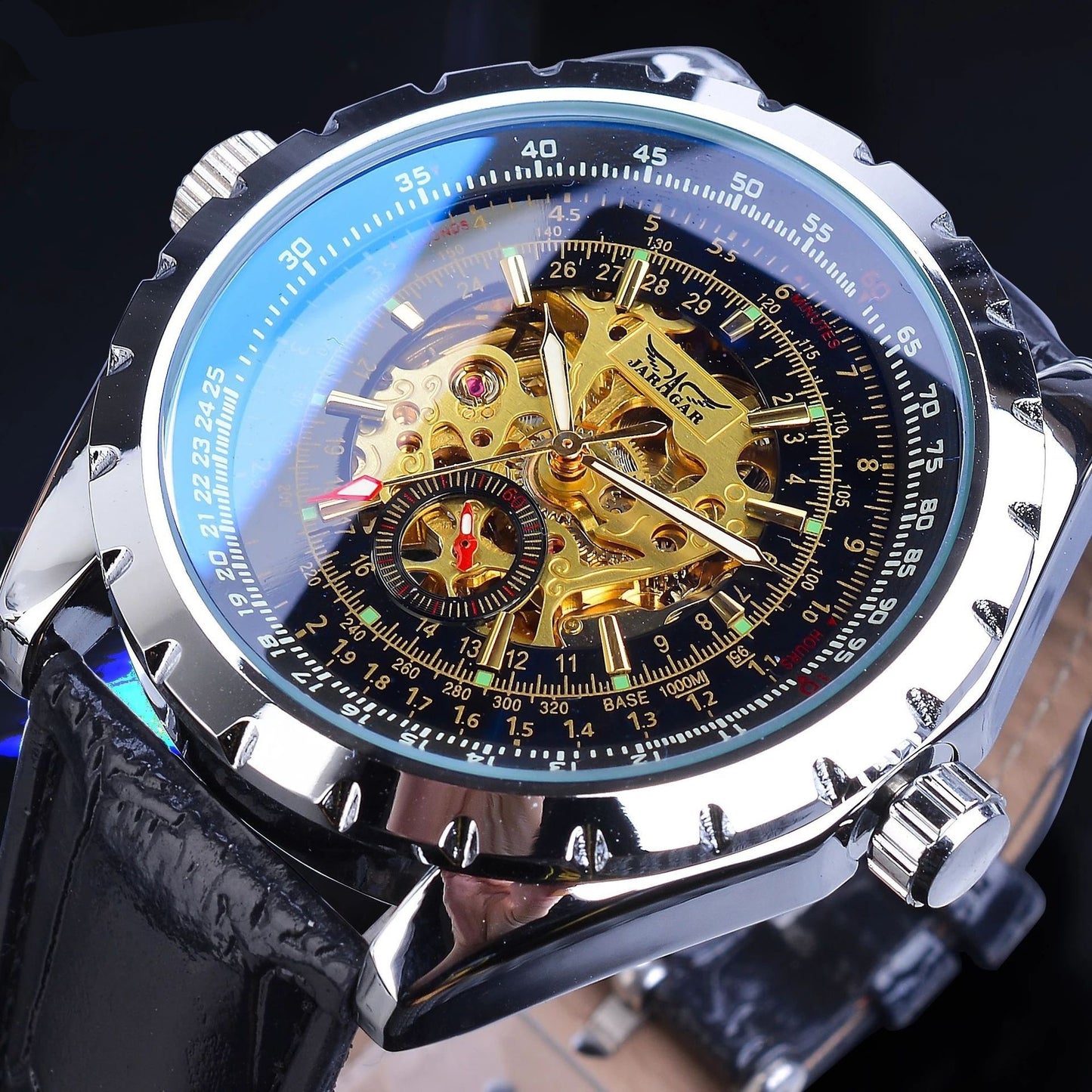 Business-Casual Blue Glass Hollowed-Out Large-Dial Automatic Mechanical Watch