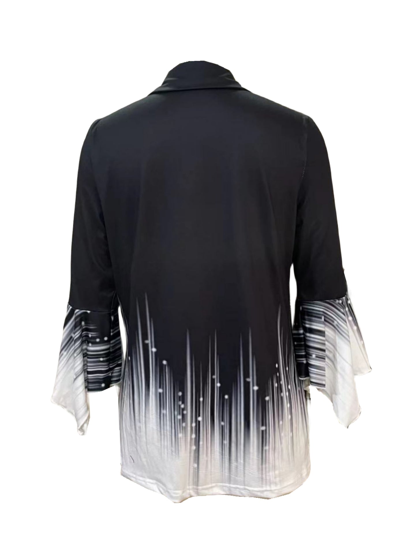 Printed Lapel Three-Quarter Sleeve Top - Irregular Cuff Button Detail