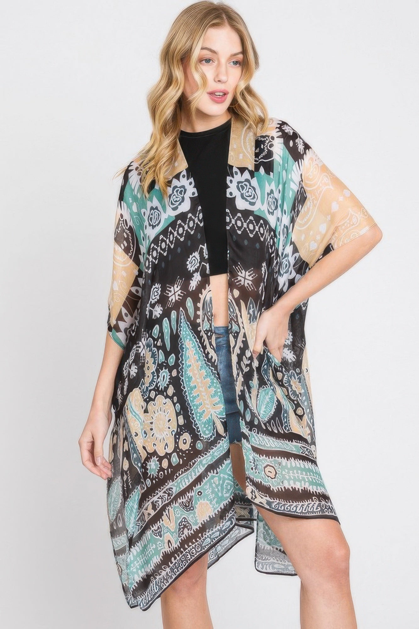 Geometric-Print Open-Front Kimono Layer – Light Layers, minimalist style, quiet luxury aesthetic, modern essential – The Simple Co.