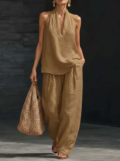 Halter V-Neck Wide-Leg Matching Set – Women's Sets, minimalist style, quiet luxury aesthetic, modern essential – The Simple Co.