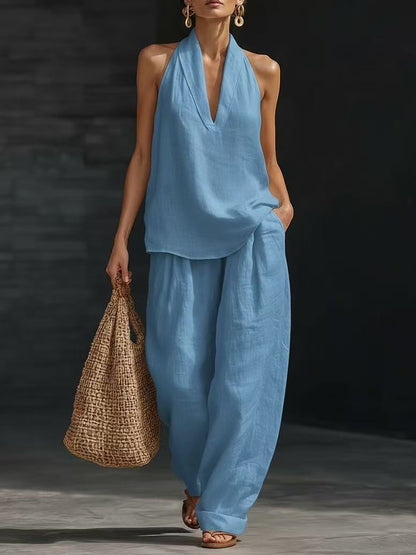 Halter V-Neck Wide-Leg Matching Set – Women's Sets, minimalist style, quiet luxury aesthetic, modern essential – The Simple Co.