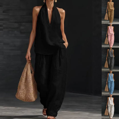 Halter V-Neck Wide-Leg Matching Set – Women's Sets, minimalist style, quiet luxury aesthetic, modern essential – The Simple Co.
