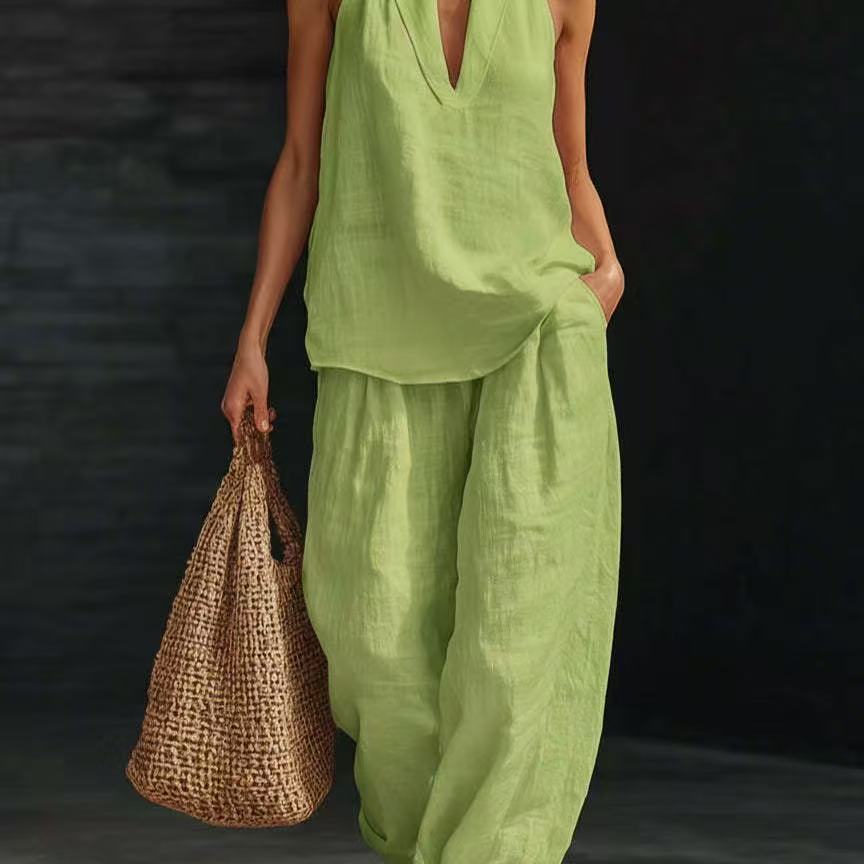 Halter V-Neck Wide-Leg Matching Set – Women's Sets, minimalist style, quiet luxury aesthetic, modern essential – The Simple Co.