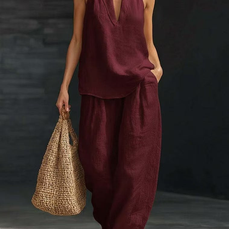 Halter V-Neck Wide-Leg Matching Set – Women's Sets, minimalist style, quiet luxury aesthetic, modern essential – The Simple Co.