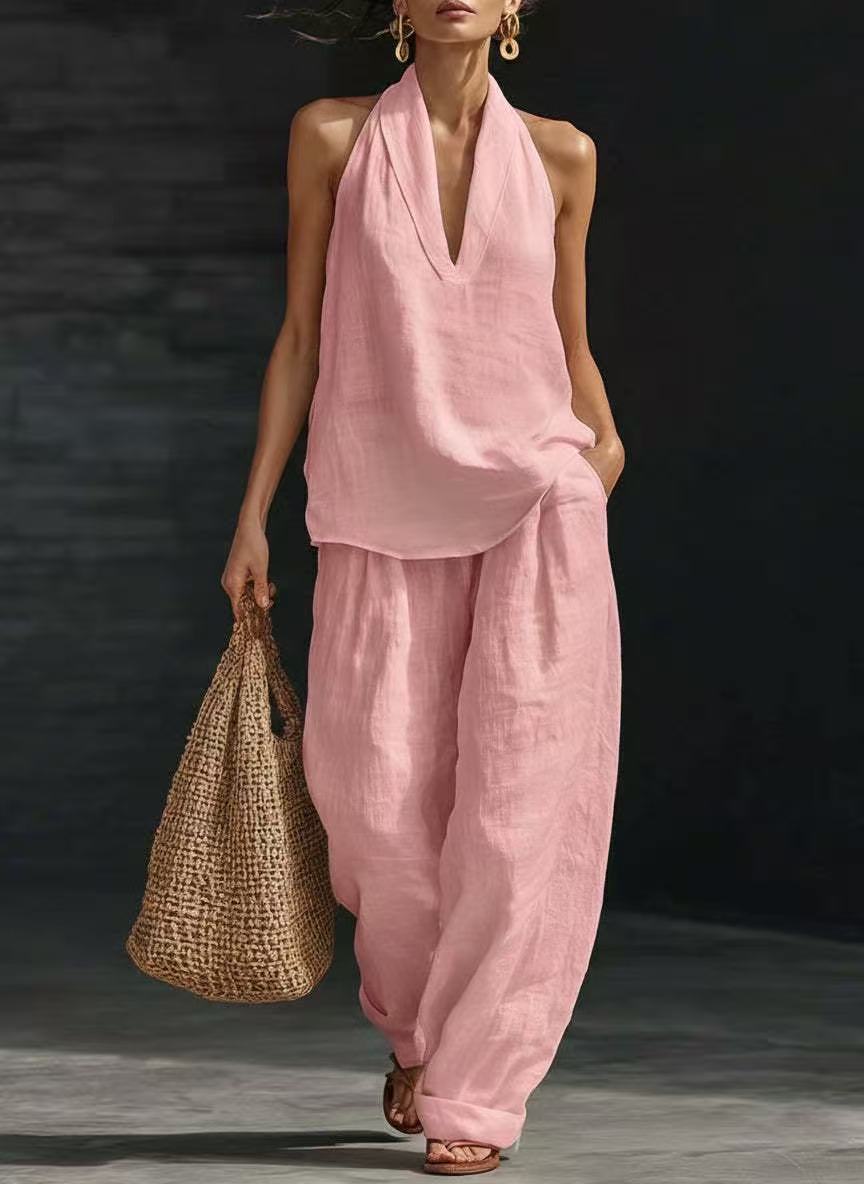 Halter V-Neck Wide-Leg Matching Set – Women's Sets, minimalist style, quiet luxury aesthetic, modern essential – The Simple Co.