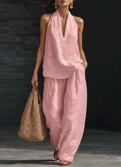 Halter V-Neck Wide-Leg Matching Set – Women's Sets, minimalist style, quiet luxury aesthetic, modern essential – The Simple Co.