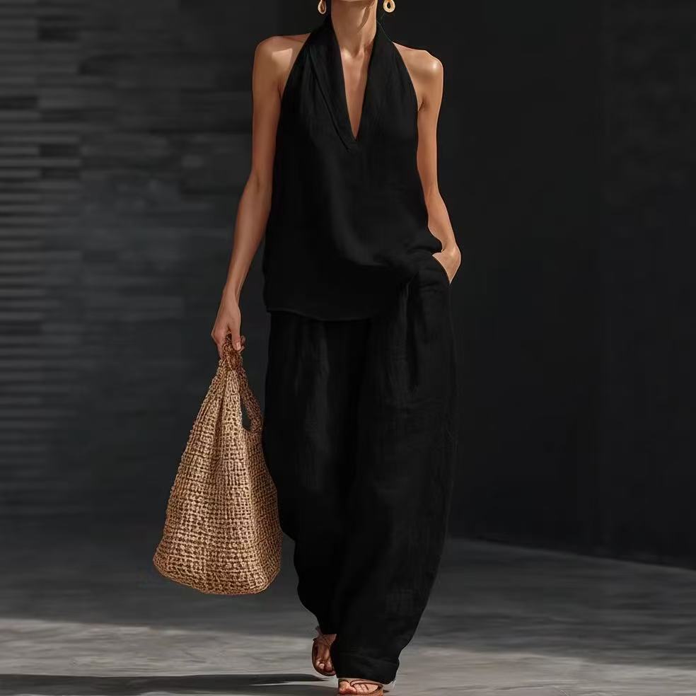Halter V-Neck Wide-Leg Matching Set – Women's Sets, minimalist style, quiet luxury aesthetic, modern essential – The Simple Co.